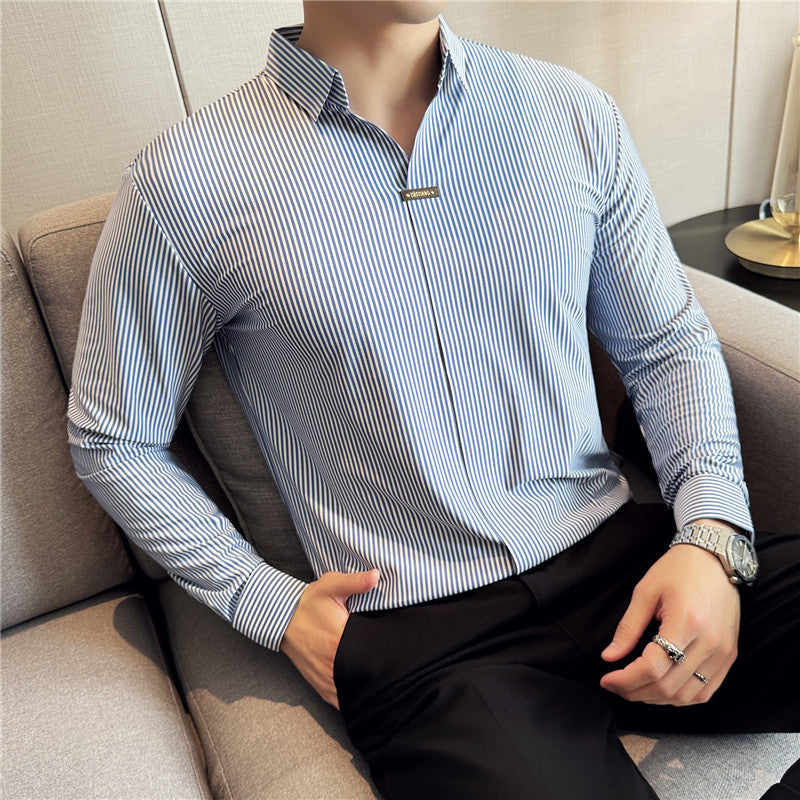 02 Buckle striped long-sleeved shirt, iron-free anti-wrinkle Old money & Starboy fashion style