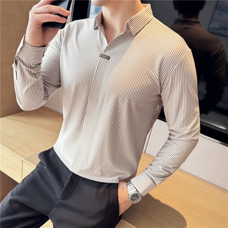 02 Buckle striped long-sleeved shirt, iron-free anti-wrinkle Old money & Starboy fashion style