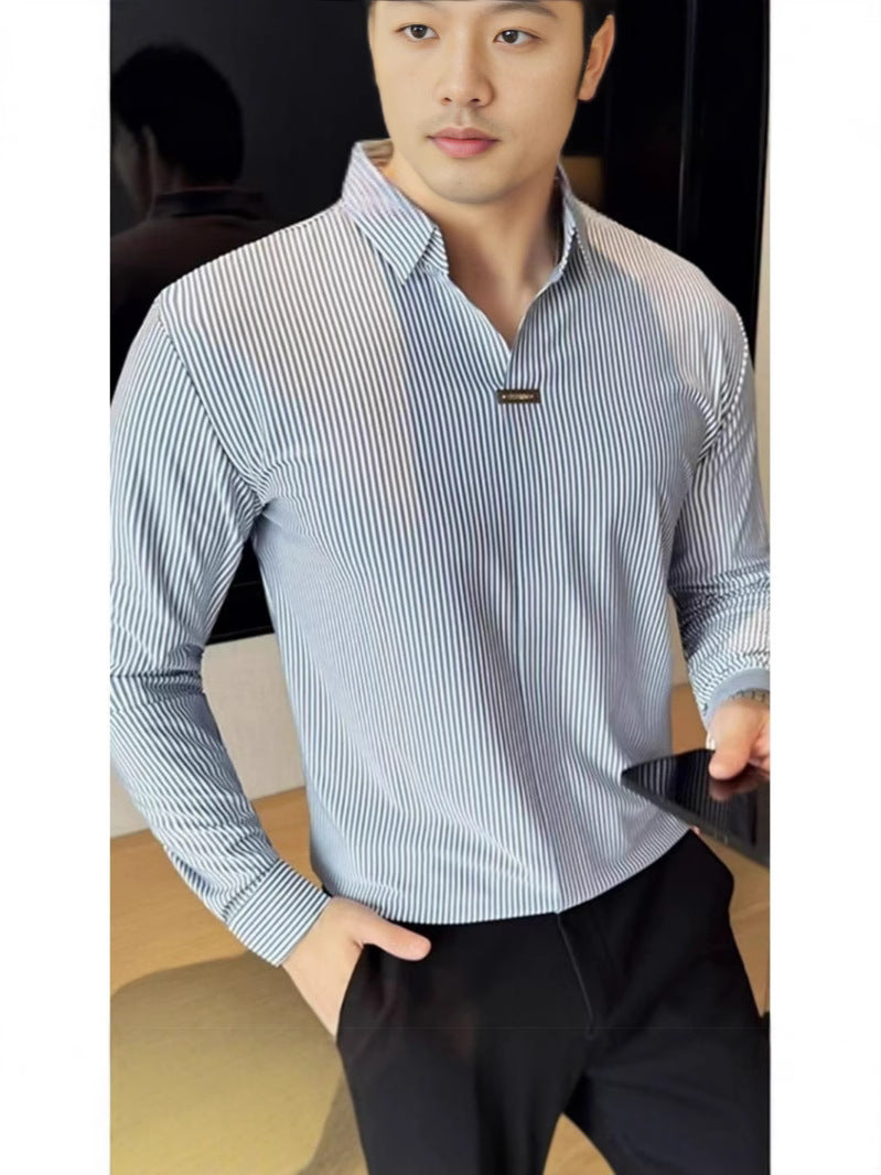 02 Buckle striped long-sleeved shirt, iron-free anti-wrinkle Old money & Starboy fashion style