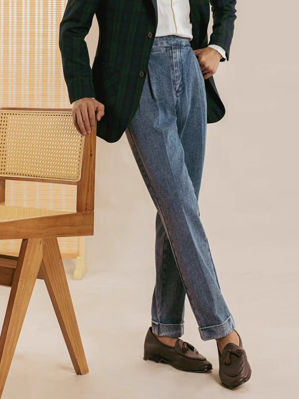 00 Italian vega pants for men, double pleated jeans. Old money fashion style