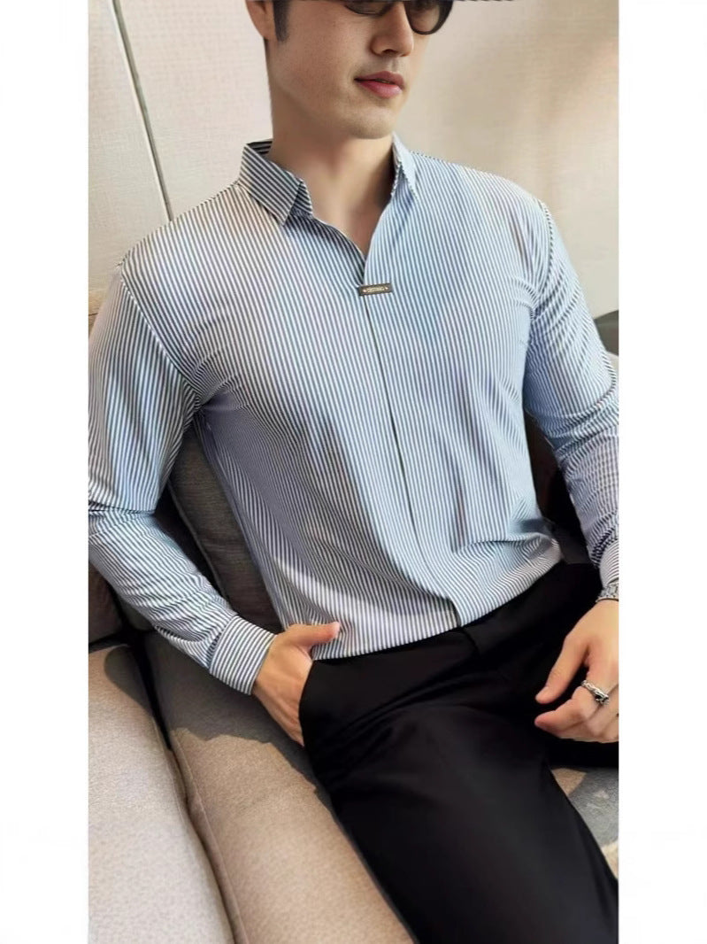 02 Buckle striped long-sleeved shirt, iron-free anti-wrinkle Old money & Starboy fashion style