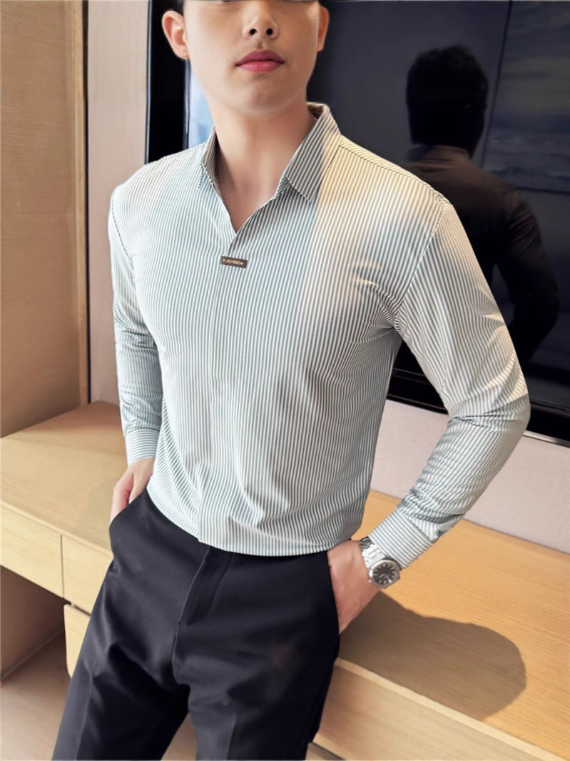 02 Buckle striped long-sleeved shirt, iron-free anti-wrinkle Old money & Starboy fashion style