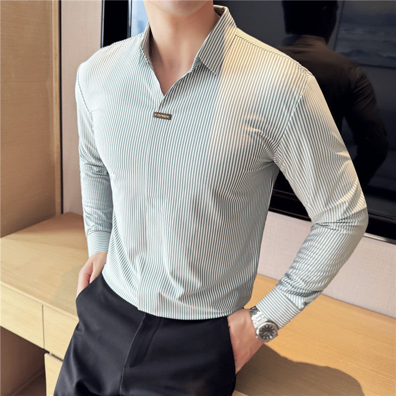 02 Buckle striped long-sleeved shirt, iron-free anti-wrinkle Old money & Starboy fashion style