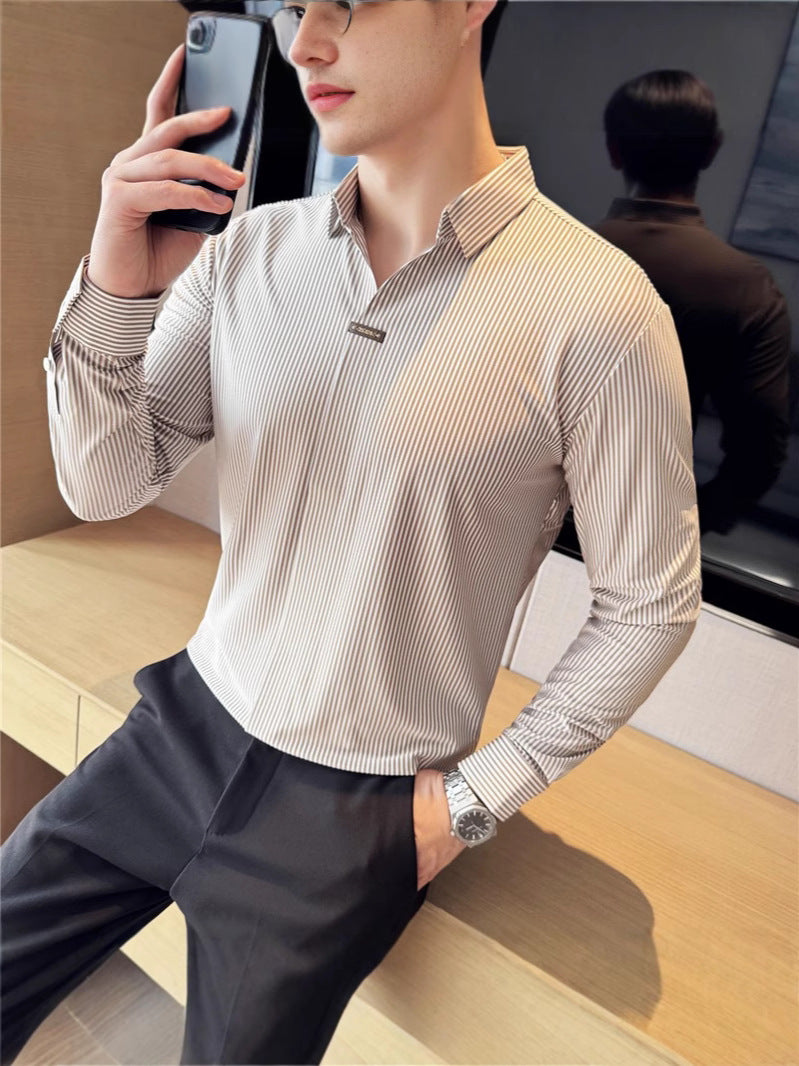 02 Buckle striped long-sleeved shirt, iron-free anti-wrinkle Old money & Starboy fashion style
